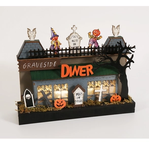 Detail von leuchtender Graveside Diner Halloween Deko mit LED Licht und Kürbis Details