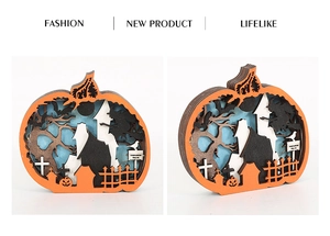 Détail de la lampe LED citrouille d'Halloween multicouche en bois sculpté avec sorcière et chauve-souris