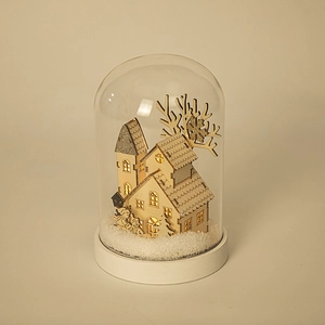 Dôme en verre de Noël avec maison en bois et boule à neige lumineuse à LED chaude