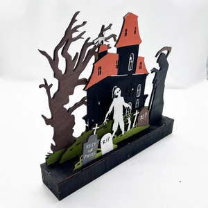 Halloween Holzdeko Geisterhaus mit Sensenmann und Mumie Silhouette Ornament