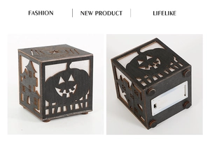 Detail of wooden Halloween light box showing hollow-out pumpkin carving and base switch