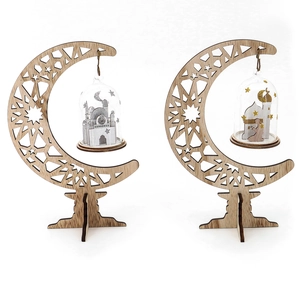 Handcrafted wooden crescent moon ornament with glass mosque scene for Muslim home decor