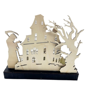 Halloween Holz-Deko mit Sensenmann, Spukhaus-Silhouette und LED-Effekt für die Tischdekoration