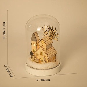 Scène de Noël LED en bois sous dôme de verre avec renne et neige, haut 19,5cm