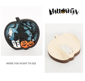 Détail de la lampe citrouille d'Halloween en bois avec sculpture 3D et boîtier à piles