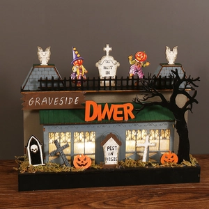 Halloween Holz LED Licht Ornament Buchsbaum Geisterhaus Kürbis Skelett Friedhof Lasergeschnitten Bedruckt Dekoratives Tischhandwerk