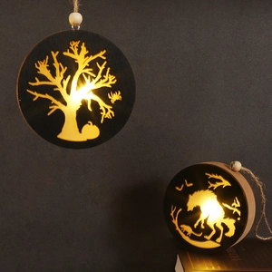 Luce LED di Halloween in legno con motivi a ombra di zucca e lupo mannaro decoro
