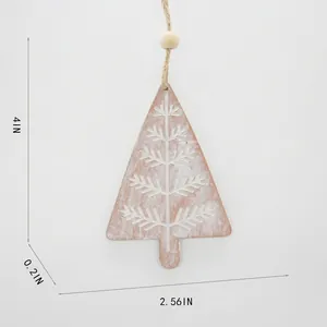 Mini wooden Christmas tree ornament with white snowflake patterns and hemp rope loop