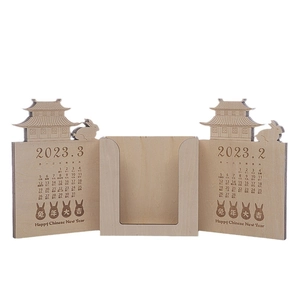 2023 Rabbit Year wooden desk calendar with phone holder and Chinese pavilion carvings