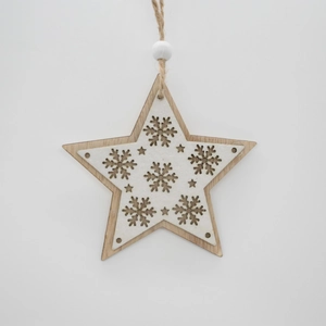 Wooden Christmas star ornament with snowflake hollow design and rustic hanging string
