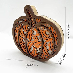 Wooden harvest festival pumpkin LED light with multilayer laser-cut hollow design