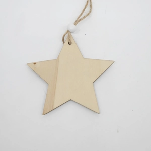 Detail of wooden star ornament with natural grain, white bead and rustic hemp rope hanging cord