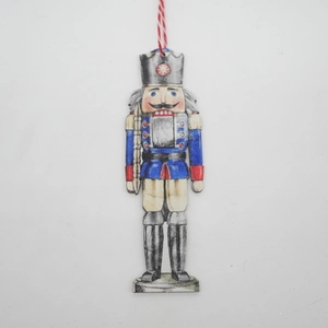 Detailed watercolor nutcracker soldier wooden ornament with red and white cotton hanging rope