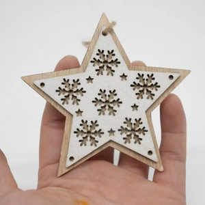 Hollow Wooden Christmas Star Snowflake Hanging Ornament White Glitter Wood Chip Pendant For Xmas Tree Decoration Festive Party Decor
