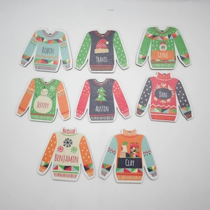 Set of 8 colorful wooden Christmas sweater hanging ornaments with festive patterns