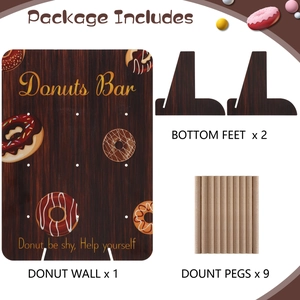Detailed set of wooden donut display stand with dark grain board, pegs and support feet