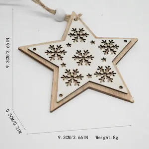 Hollow wood snowflake star ornament for Christmas tree with glitter finish and hemp rope