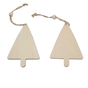 Set of two minimalist wooden Christmas tree hanging ornaments with natural jute strings