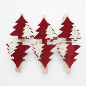 Christmas Tree Wooden Clips For Holiday Decoration Red Silver Glitter Flocking Wood Photo Pegs Hanging Ornaments