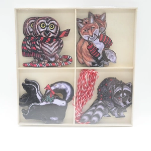Wooden Christmas Animal Hanging Ornaments Set With Owl Fox Raccoon Skunk Decor Box Vintage Festive Holiday Home Decoration