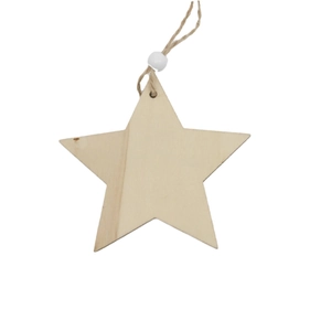 Natural wood star pendant with hollow snowflake design and white bead on twine rope