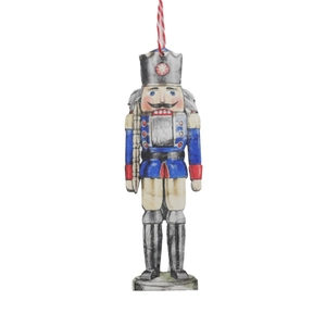 Classic painted wooden Nutcracker soldier Christmas ornament hanging with red white string