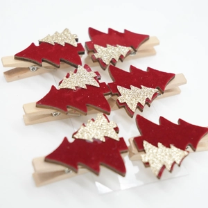 Set of 6 Christmas wooden clips with red velvet and gold glitter tree designs for decoration