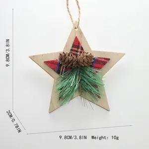 Star-shaped wooden Christmas ornament with plaid fabric and natural pine cones