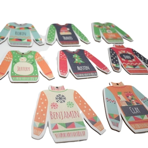 Customized wooden Christmas sweater ornaments with names and festive winter patterns