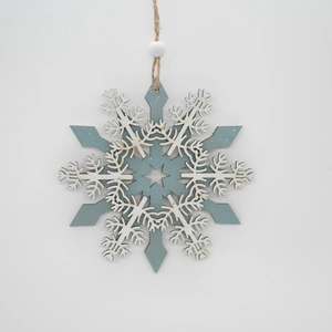 Blue and natural wood snowflake ornament with rustic jute rope and white bead detail