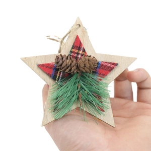 Handmade wooden star Christmas ornament with red plaid fabric, pine cone and green pine needles