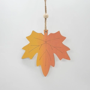 Autumn maple leaf wooden pendant with orange gradient and natural hemp rope hanger