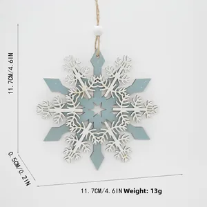 Blue and white double-layered snowflake wooden Christmas ornament with 11.7cm diameter