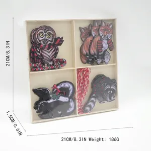 Wooden animal Christmas ornament set with owl fox raccoon hanging decorations in box