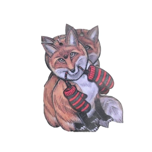 Christmas fox wooden ornament holding red gloves with hanging hole for festive decor