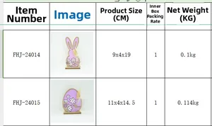 Size chart showing dimensions and weight for Easter bunny and egg wooden ornaments