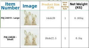 Size chart for wooden Easter bunny table decorations with dimensions and net weights