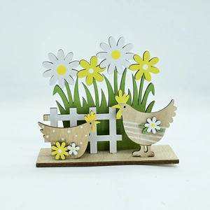 Detail of wooden Easter ornament featuring rustic chickens and floral garden design
