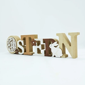 Detailed view of the multicolor wooden Ostern letters with rabbit and floral motifs