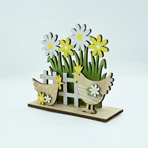 Detail of multi-layered wooden Easter roosters with daisies and a white fence on base