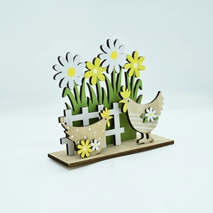 Detail of multi-layered wooden Easter centerpiece with rustic hens, daisies, and white fence