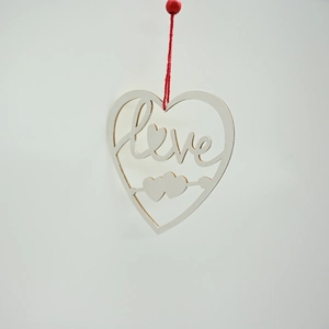 Romantic white wooden heart ornament with laser-cut Love text and red hanging string