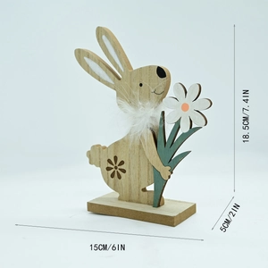 Easter wooden bunny decor with white flower and feather detail, size dimensions shown