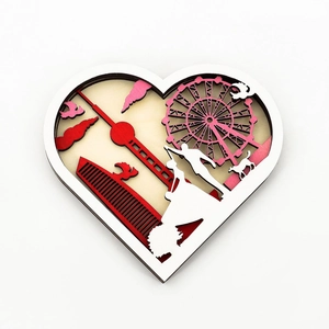 Detail of wooden ferris wheel heart decor with multi-layer laser cut romantic city silhouettes