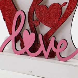 Rosa Love Tischdeko aus Holz mit rotem Glitzerherz für romantische Valentinstagdeko