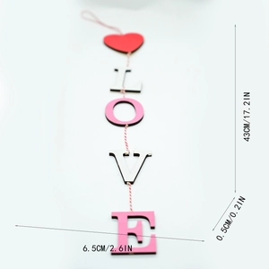 Detailed size chart for LOVE wooden ferris wheel ornament with a red heart and strings
