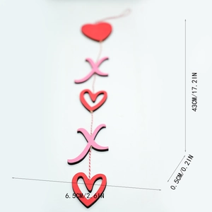 Close-up of wooden XOXO heart wall hanging decor with red rope and detailed dimensions