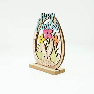 Detail view of layered wood Easter egg ornament with rabbit and Happy Easter lettering
