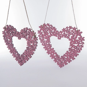 Hollow heart-shaped wooden wreath pendants in dusty pink with floral laser-cut details