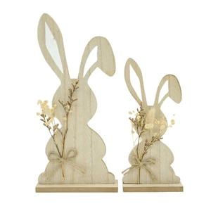 Rustic wooden Easter bunny figurines set of two with dried flowers and jute bow